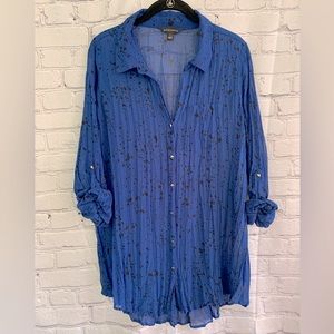 Rock & Republic Blue Crinkle Spatter pattern Chiffon Shirt Size 0X / XXL